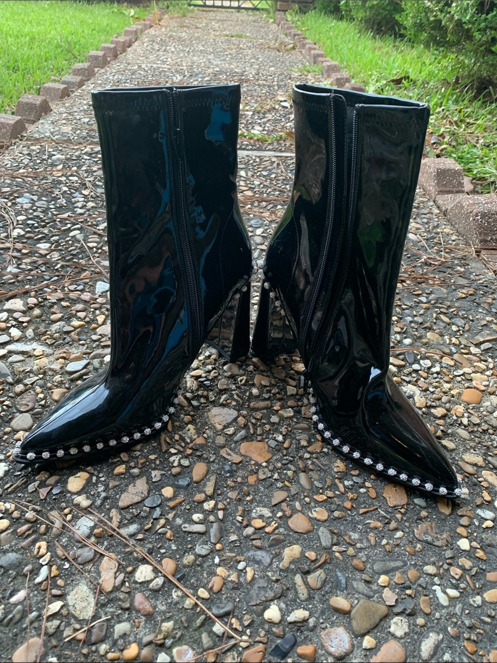 Steve Madden Black Patent Pointed Toe Rhinestone-Trim Ankle Boots